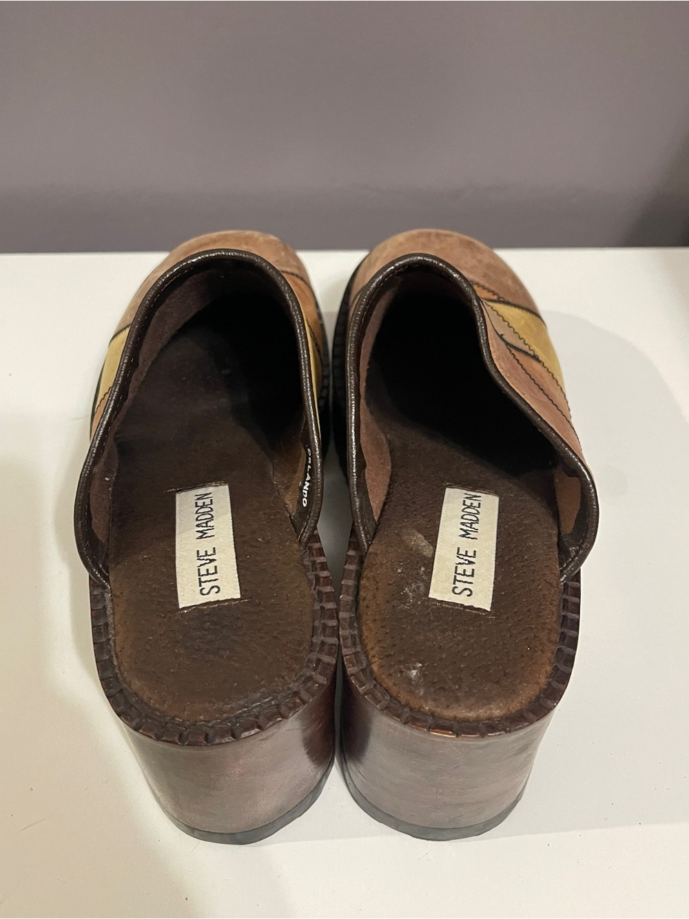 Y2K VTG Steve Madden Brown Leather Patchwork Platform Clog Mules - Picture 4 of 11